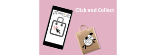 mobil og bærepose med teksten "click and collect"