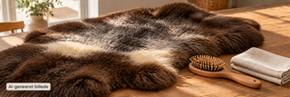 AI-bearbejdet illustration med udgangspunkt i naturligt engelsk lammeskind nr. 6225 på et træbord ved en børste.