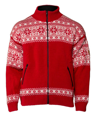 Rød Bråtens-windbreaker i uld med hvidt nordisk mønster og lynlåslommer, set forfra.