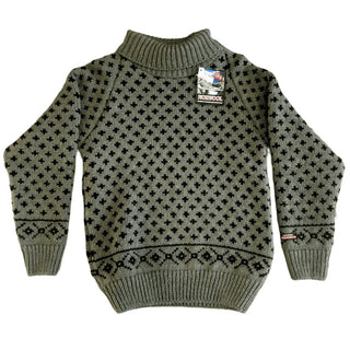 Mørkegrøn raglansweater i uld med små mørke mønstre og høj hals, set forfra.