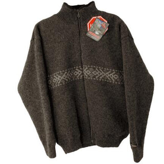 Koksgrå windbreaker-cardigan i uld med lyst mønsterbånd og lynlås, set forfra.