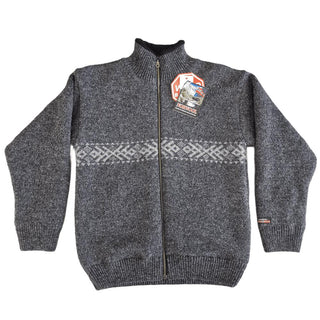 Koksgrå windbreaker-cardigan i uld med lyst mønsterbånd og lynlås, set forfra.