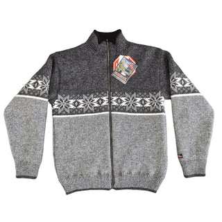 Grå og koksgrå windbreaker-cardigan i uld med lyst stjernemønster og lynlås, set forfra.