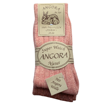 Lyserøde angorauldsokker med ribkant og produktmærke.