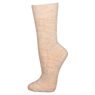 Beige angorauldsok med ribstrikket skaft, vist fra siden.