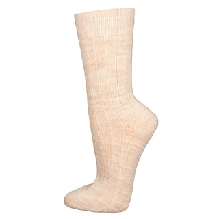 Beige angorauldsok med ribstrikket skaft, vist fra siden.