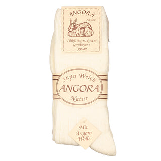 Hvide angorauldsokker med ribkant og produktmærke.