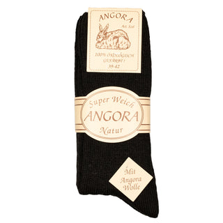 Sorte angorauldsokker med ribkant, med produktmærke.