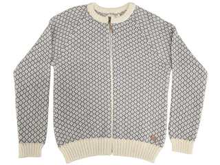 Mørkeblå og råhvid Fuza Wool-uldcardigan med små mønstre og lynlås, set forfra.