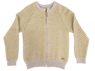 Gul Fuza Wool-uldcardigan med lyst mønster og lynlås, set forfra.