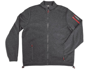 Koksgrå Hadar-windbreaker fra Ivanhoe med høj krave og lynlåslommer, set forfra.
