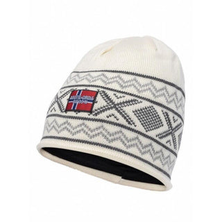 Hvid merinouldhue med gråt mønsterbånd og norsk flag.