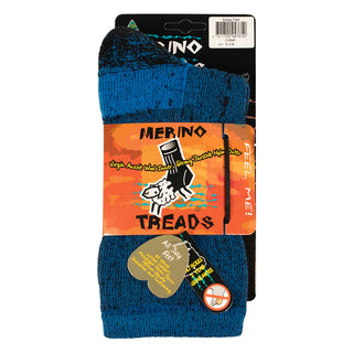 Blå Merino Treads-vandresokker med kontrastfelter, med produktmærke.