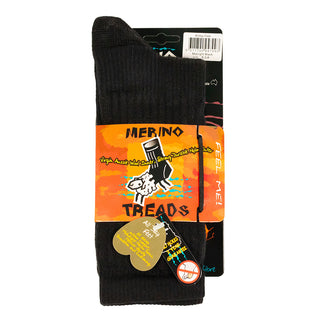 Sorte Merino Treads-vandresokker med kontrastfelter, med produktmærke.