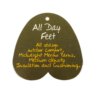 All Day Feet-produktkort til Merino Treads med information om merinogarn, polstring og isolering.