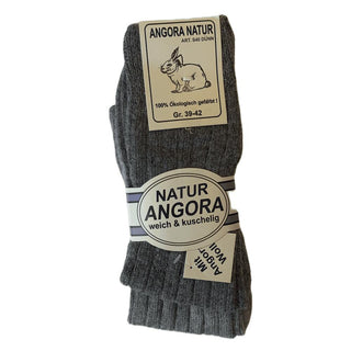 Koksgrå angorauldsokker med ribkant, med produktmærke.