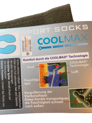 Emballagens bagside til grønne Cool-Max-trekkingsokker, med produktinformation.
