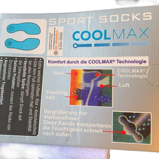 Emballagens bagside til hvide Cool-Max-trekkingsokker, med produktinformation.