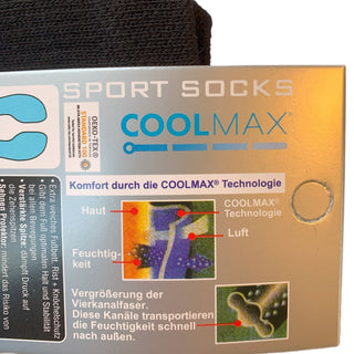 Emballagens bagside til sorte Cool-Max-trekkingsokker, med produktinformation.