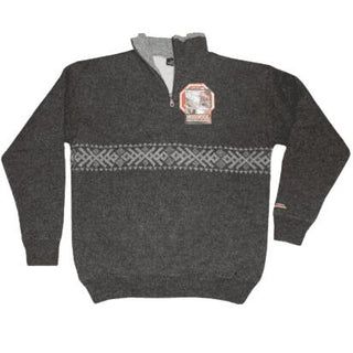 Koksgrå windbreaker-pullover i uld med lyst mønsterbånd og kort lynlås, set forfra.